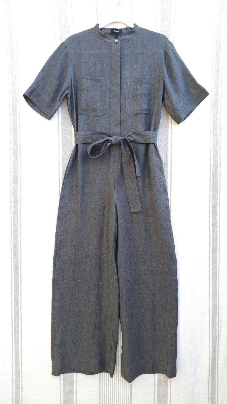 Theory Jumpsuit Womens 4 Gray Pewter Hemp Patch Pocket Belted Short Sleeve New!